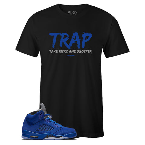 Black Crew Neck TRAP Sneaker T-shirt To Match Air Jordan Retro 5 Blue Suede