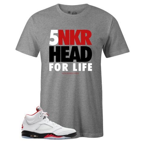 Grey Crew Neck SNKR HEAD FOR LIFE T-shirt to Match Air Jordan Retro 5 Fire Red