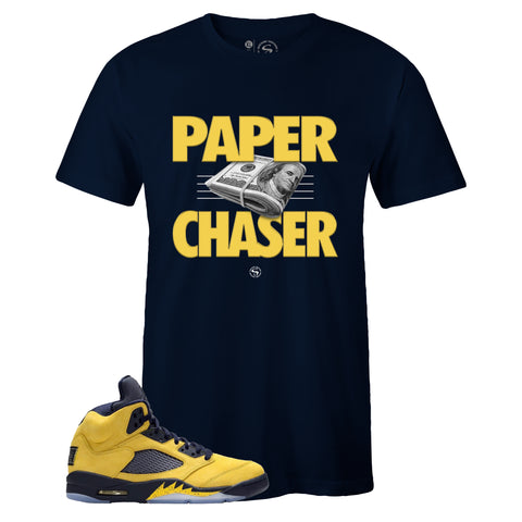 Navy Crew Neck PAPER CHASER Sneaker T-shirt To Match Air Jordan Retro 5 Michigan