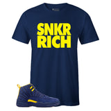 Navy Crew Neck SNKR RICH T-shirt To Match Jordan Retro 12 Michigan