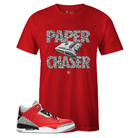 Red Crew Neck PAPER CHASER T-shirt To Match Air Jordan Retro 3 Red Cement