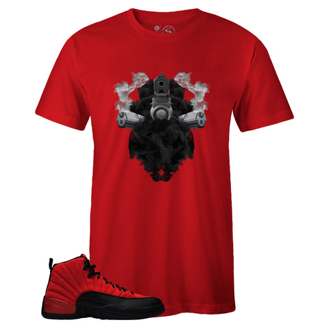 Red Crew Neck GUNS IN SMOKE T-shirt to Match Air Jordan Retro 12 Reverse Flu Game