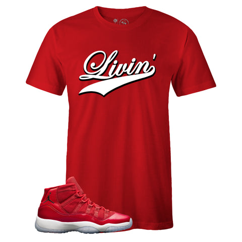 Men's Red Crew Neck LIVIN' T-shirt to Match Air Jordan Retro 11 Win Like 96