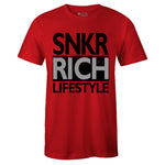 Red Crew Neck SNKR RICH LIFESTYLE T-shirt to Match Air Jordan Retro 5 Red Suede
