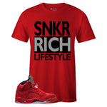 Red Crew Neck SNKR RICH LIFESTYLE T-shirt to Match Air Jordan Retro 5 Red Suede