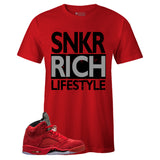 Red Crew Neck SNKR RICH LIFESTYLE T-shirt to Match Air Jordan Retro 5 Red Suede