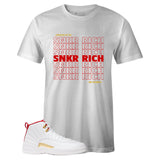 White Crew Neck SNKR RICH LIFSTYLE T-shirt To Match Air Jordan Retro 12 Fiba
