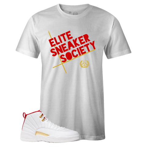 White Crew Neck ELITE SNEAKER SOCIETY T-shirt To Match Air Jordan Retro 12 Fiba