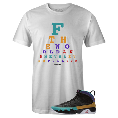 White Crew Neck EYE CHART T-shirt To Match Air Jordan Retro 9 Dream It Do It Flight Nostalgia