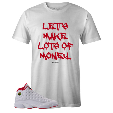 White Crew Neck LOTS OF MONEY T-shirt To Match Air Jordan Retro 13 HISTORY OF FLIGHT