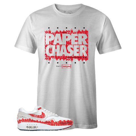 White Crew Neck PAPER CHASER T-shirt To Match Air Max 1 Sketch To Shelf