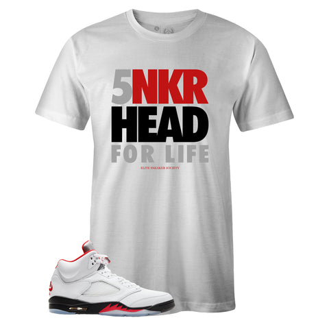 White Crew Neck SNKR HEAD FOR LIFE T-shirt to Match Air Jordan Retro 5 Fire Red