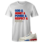White Crew Neck GOD MONEY T-shirt To Match Air Jordan Retro 3 International Flight Charity Game