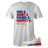 White Crew Neck GOD MONEY T-shirt To Match Air Jordan Retro 3 International Flight Charity Game