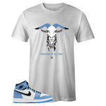 White Crew Neck GOAT T-shirt to Match Air Jordan Retro 1 University Blue