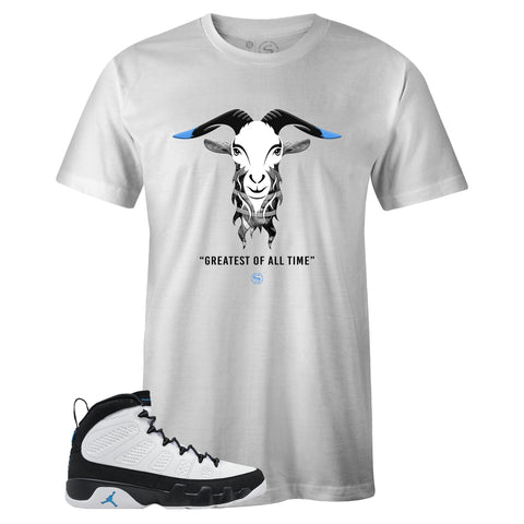 White Crew Neck GOAT T-shirt to Match Air Jordan Retro 9 University Blue