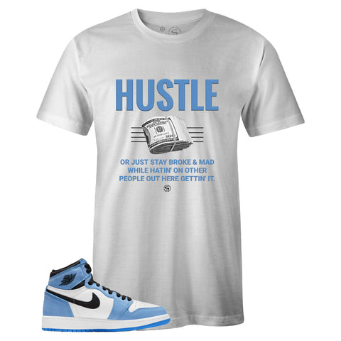 White Crew Neck HUSTLE T-shirt to Match Air Jordan Retro 1 University Blue