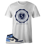 White Crew Neck HUSTLERS UNIVERSITY T-shirt To Match Air Jordan Retro 1 OG Obsidian UNC