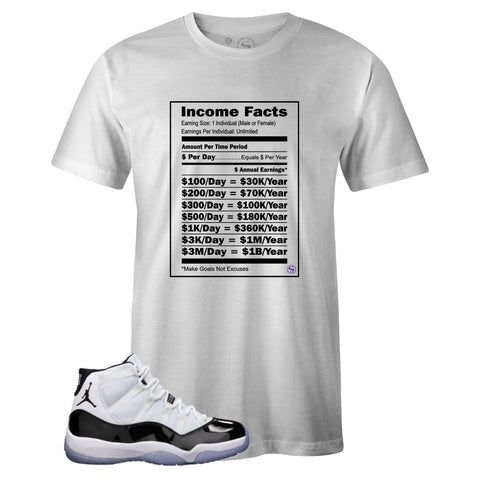White Crew Neck INCOME FACTS T-shirt to Match Air Jordan Retro 11 CONCORD