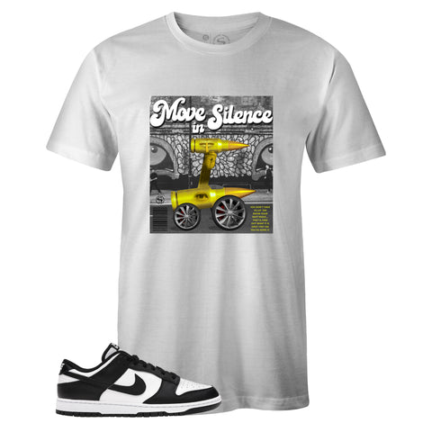 White Crew Neck MOVE IN SILENCE T-shirt to Match Nike SB Dunk Low Black White