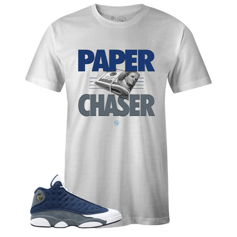 White Crew Neck PAPER CHASER T-shirt to Match Air Jordan Retro 13 Flint