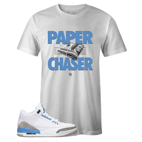 White Crew Neck PAPER CHASER T-shirt To Match Air Jordan Retro 3 UNC