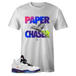 White Crew Neck PAPER CHASER T-shirt to Match Air Jordan Retro 5 Alternate Bel Air