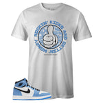 White Crew Neck ROCKIN' KICKS T-shirt to Match Air Jordan Retro 1 University Blue