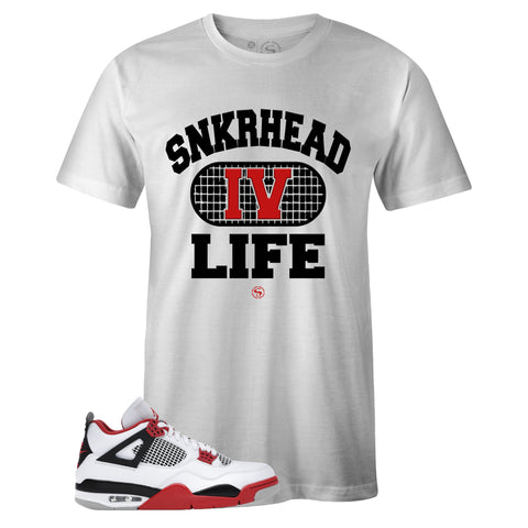 White Crew Neck SNKRHEAD IV LIFE T-shirt to Match Air Jordan Retro 4 Fire Red