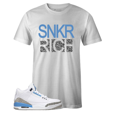 White Crew Neck SNKR RICH T-shirt To Match Air Jordan Retro 3 UNC