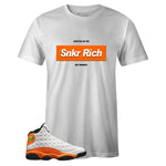 White Crew Neck SNKR RICH Box Logo T-shirt to Match Air Jordan Retro 13 Starfish
