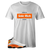 White Crew Neck SNKR RICH Box Logo T-shirt to Match Air Jordan Retro 13 Starfish