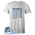 White Crew Neck SECURE THE BAG T-shirt to Match Air Jordan Retro 1 University Blue