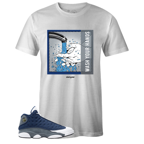 White Crew Neck WASH YOUR HANDS T-shirt to Match Air Jordan Retro 13 Flint