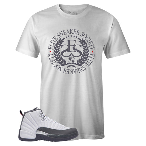 White Crew Neck ELITE SNEAKER SOCIETY T-shirt To Match Air Jordan Retro 12 White Dark Grey