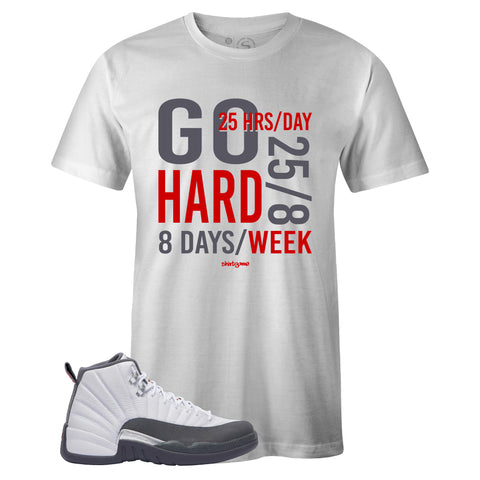 White Crew Neck GO HARD T-shirt To Match Air Jordan Retro 12 White Dark Grey