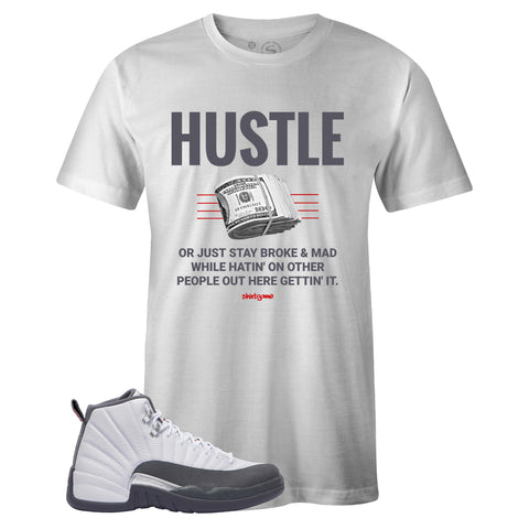 White Crew Neck HUSTLE T-shirt To Match Air Jordan Retro 12 White Dark Grey