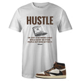 White Crew Neck HUSTLE T-shirt To Match Air Jordan Retro 1 Travis Scott