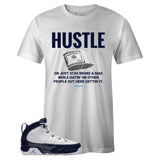 White Crew Neck HUSTLE T-shirt To Match Air Jordan Retro 9 UNC Pearl Blue