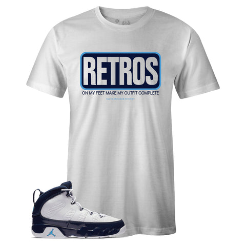 Men's White Crew Neck RETROS Sneaker T-shirt To Match Air Jordan Retro 9 UNC Pearl Blue