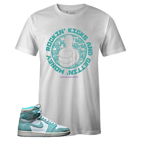 White Crew Neck ROCKIN KICKS T-shirt To Match Air Jordan Retro 1 OG Turbo Green