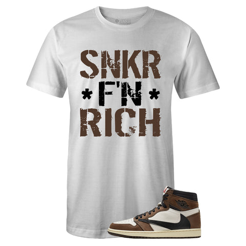 White Crew Neck SNKR F'N RICH T-shirt To Match Air Jordan Retro 1 Travis Scott