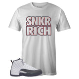White Crew Neck SNKR RICH T-shirt To Match Air Jordan Retro 12 White Dark Grey