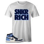 White Crew Neck SNKR RICH T-shirt To Match Air Jordan Retro 1 OG Obsidian UNC