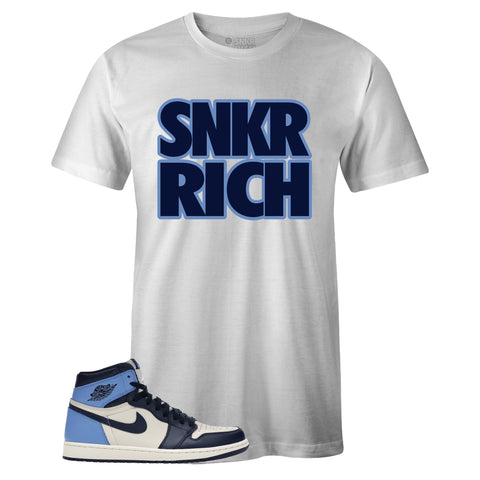 White Crew Neck SNKR RICH T-shirt To Match Air Jordan Retro 1 OG Obsidian UNC