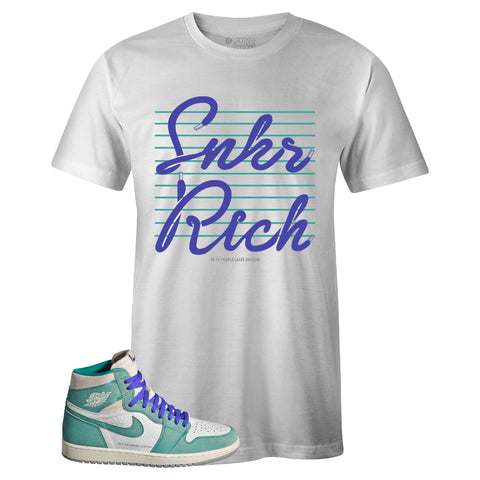 White Crew Neck SNKR RICH SR19 Edition T-shirt To Match Air Jordan Retro 1 OG Turbo Green