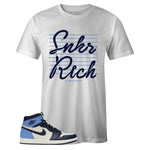 White Crew Neck SNKR RICH SR19 T-shirt To Match Air Jordan Retro 1 OG Obsidian UNC