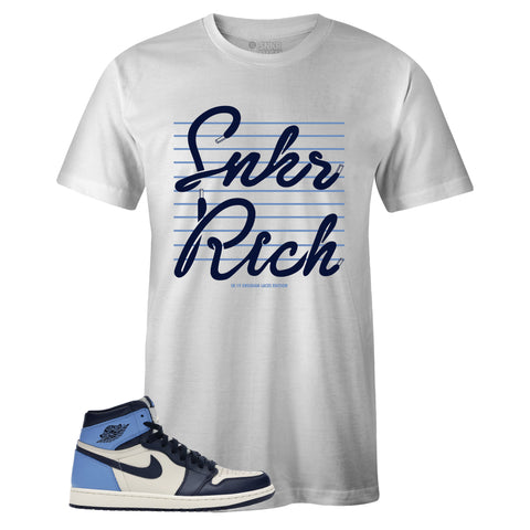White Crew Neck SNKR RICH SR19 T-shirt To Match Air Jordan Retro 1 OG Obsidian UNC