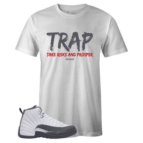 White Crew Neck TRAP T-shirt To Match Air Jordan Retro 12 White Dark Grey