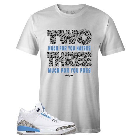 White Crew Neck TWO THREE T-shirt To Match Air Jordan Retro 3 UNC